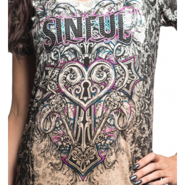 Женская футболка Sinful By Affliction Silver Canyon White-Desert Sand Dip Dye