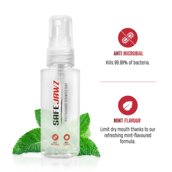Спрей-деодорайзер для капи SafeJawz Mouthguard Disinfectant Spray. Mint Flavoured, Anti-Microbial Gum Shield Cleaner