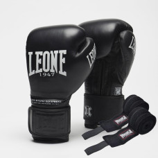Боксерські рукавиці Leone GN111 THE GREATEST Black 16 унцій (бинти 4 м. в комплекті)