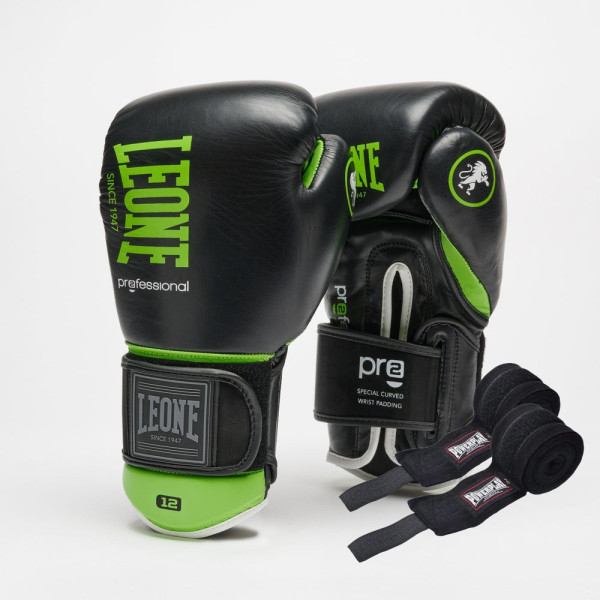Боксерські рукавиці Leone GN115 PROFESSIONAL 2 Black 16 унцій (бинти 4 м. в комплекті)