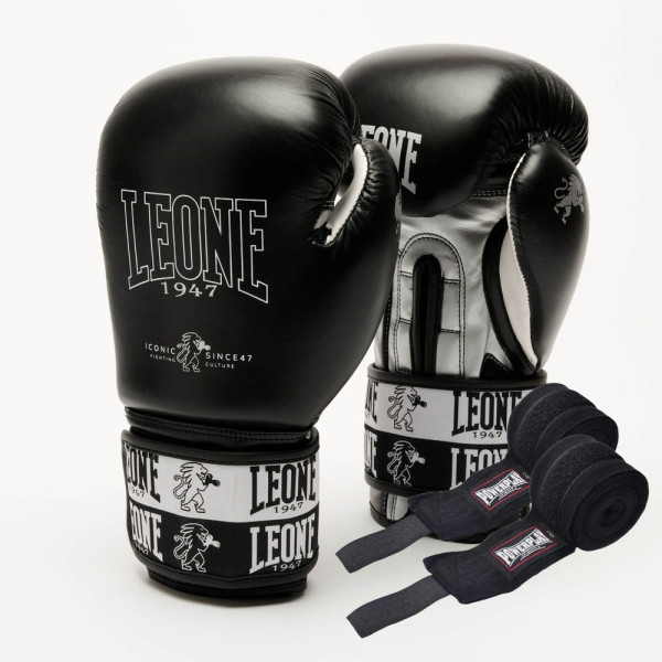 Боксерські рукавиці Leone GN208 ICONIC Black 14 унцій (бинти 4 м. в комплекті)