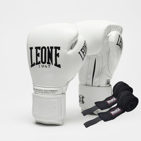 Боксерські рукавиці Leone GN111 THE GREATEST White 14 унцій (бинти 4 м. в комплекті)